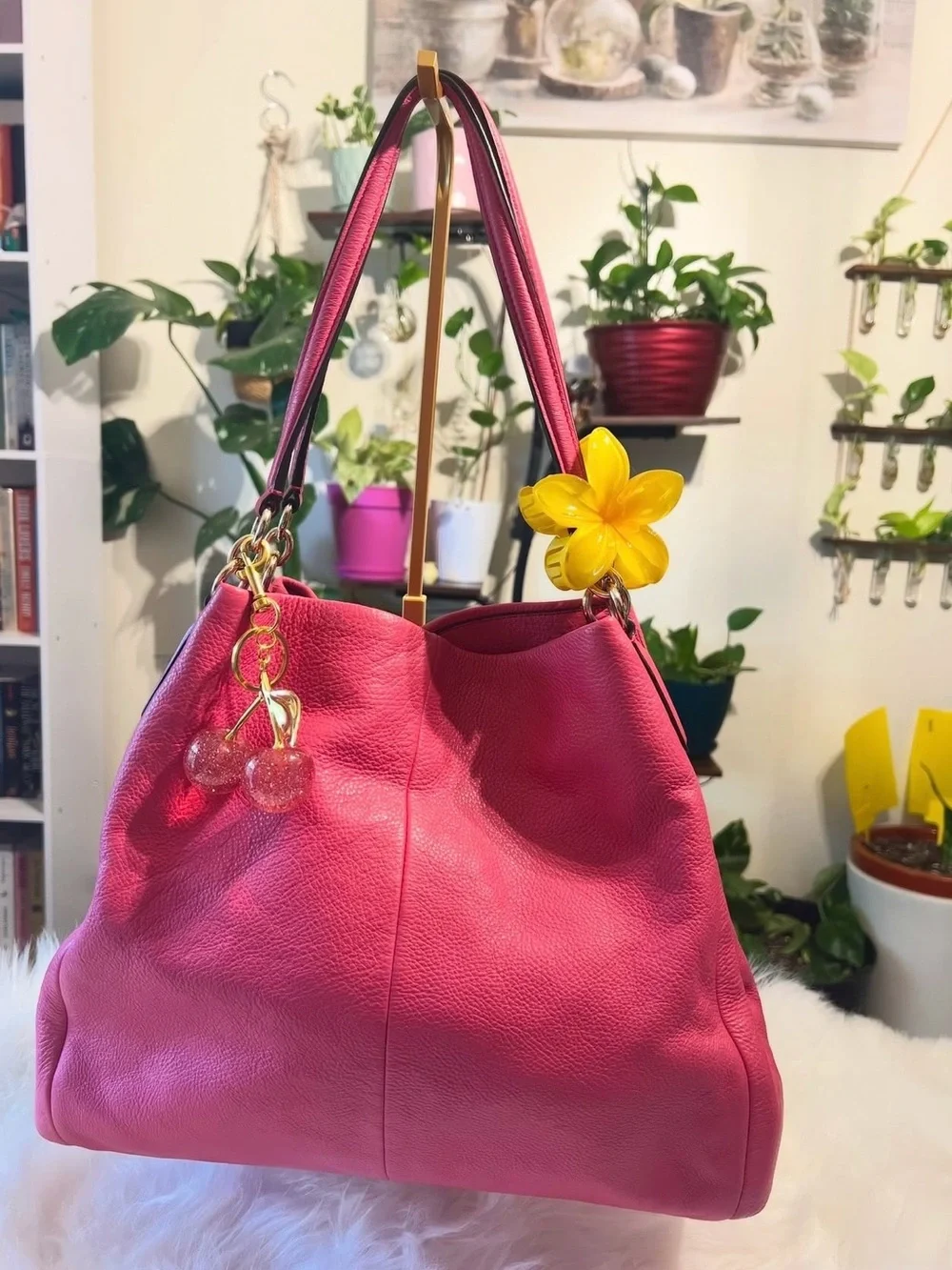 Coach Pink Pebbled Leather Shoulder Hobo with Charm
